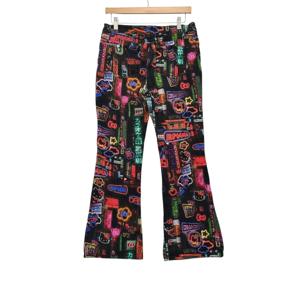 Dolls Kill x Hello Kitty Neon Sign Print Flare Jeans Womens Large Black Multi